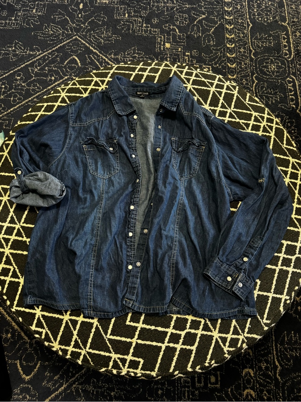 New Look 3X Dark Wash Denim Button Up Shirt Roll Tab Sleeve Chambray Top